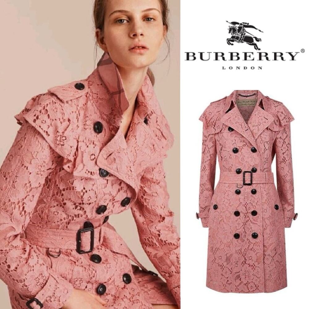 Rare Burberry Stanhill ruffle-detail lace trench coat in antique rose US4 - Picture 2 of 7